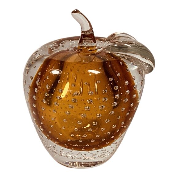 Amber Apple Fruit Italian Glass Bullicante Bubbles Paperweight Smooth 4” - Picture 2 of 5